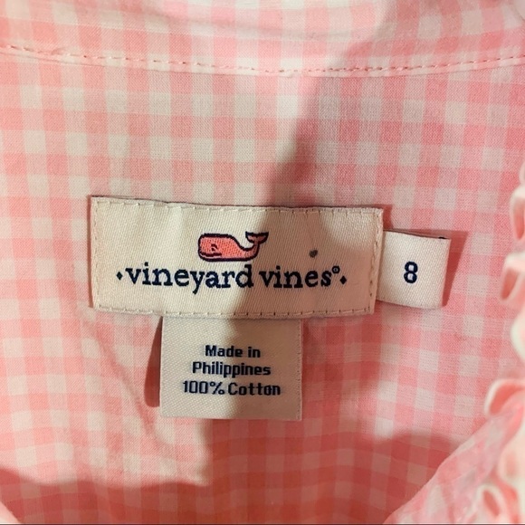 Vineyard Vines Pink Gingham Ruffle Front Long Sleeve Button Down Shirt Size 8 - Picture 7 of 8